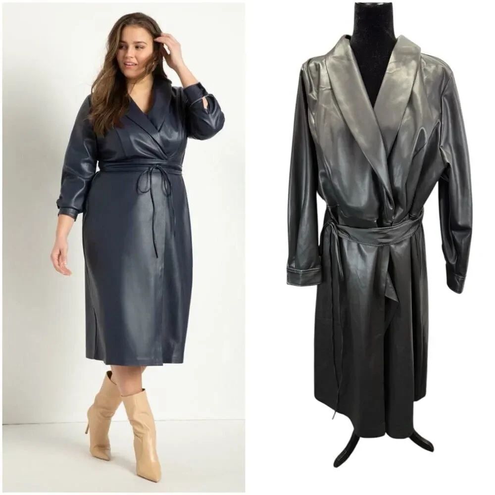 NWT Eloquii Faux Leather Wrap Trench Dress Black 22 Plus Belted Midi Coat